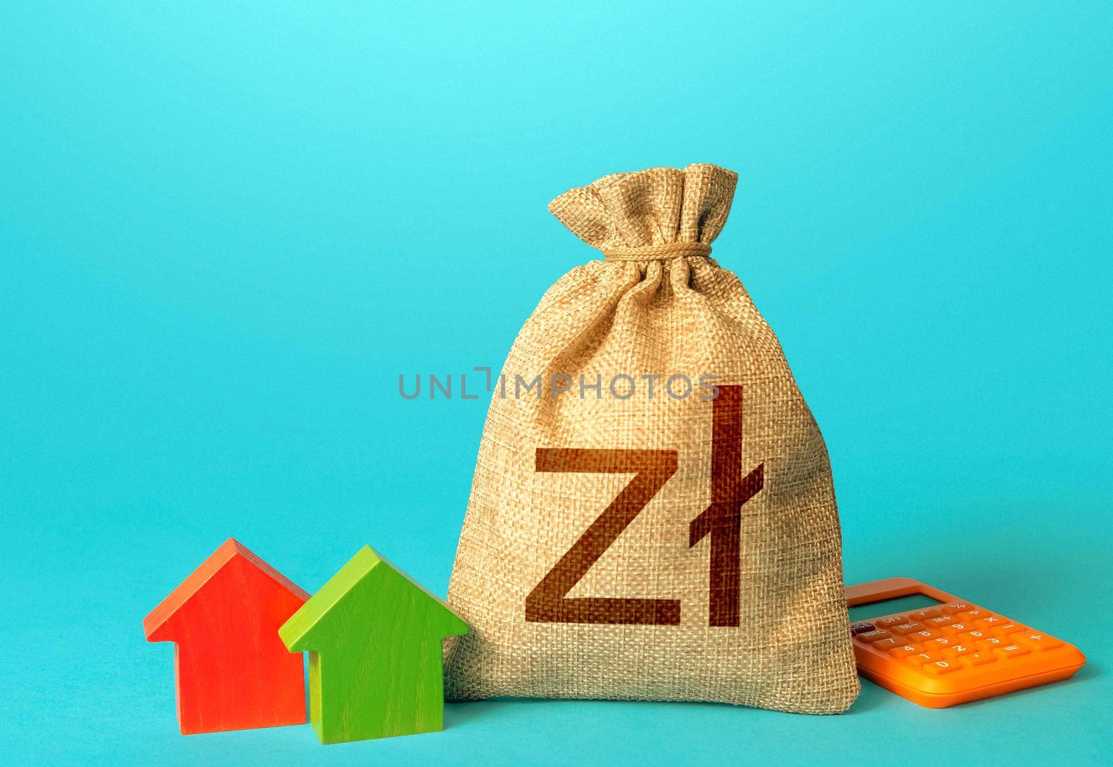 Polish zloty money bag and small houses. Bank offer of mortgage loan. Investments in real estate. Sale of housing. Buy. Rental business. Fair market price. Property appraisal, realtor services.