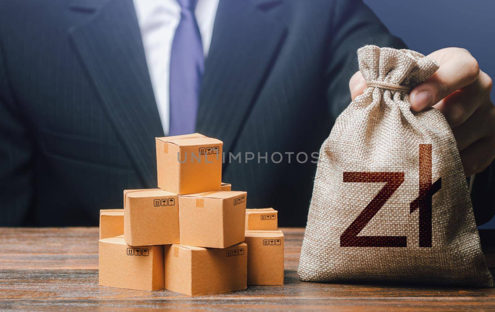 Businessman holds polish zloty money bag and boxes with goods. Business income. Payment of taxes and fees. Advertising budget. Purchase and sale of goods, trade and commerce. Import and export. by iLixe48