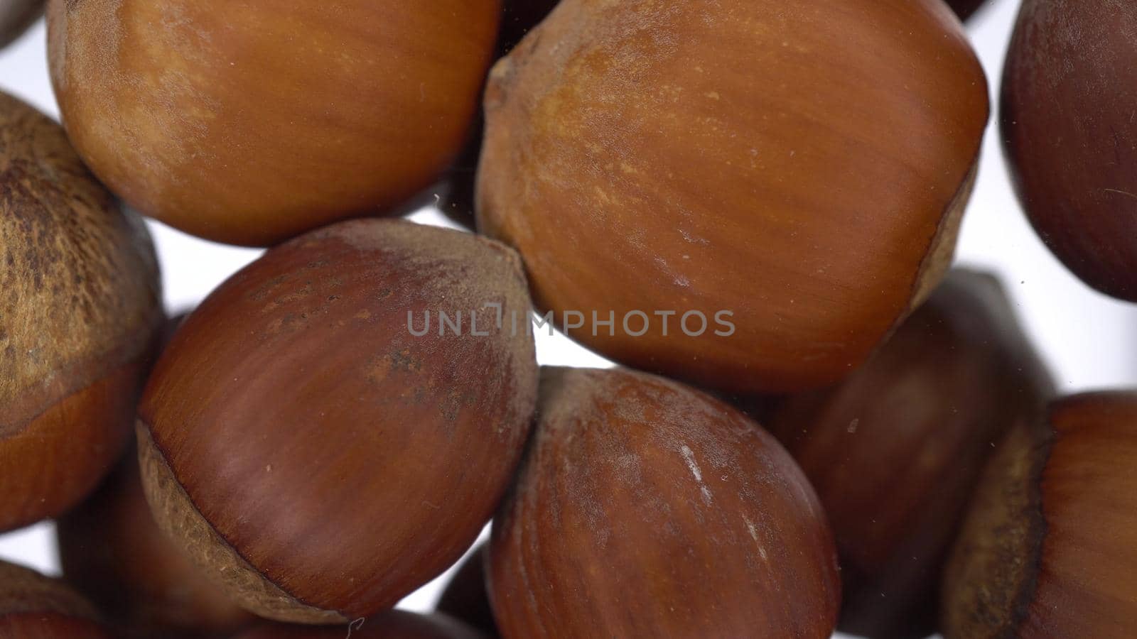 Hazelnuts in shells fall on glass on a bright white background. Close-up bottom view of hazelnuts. 4k