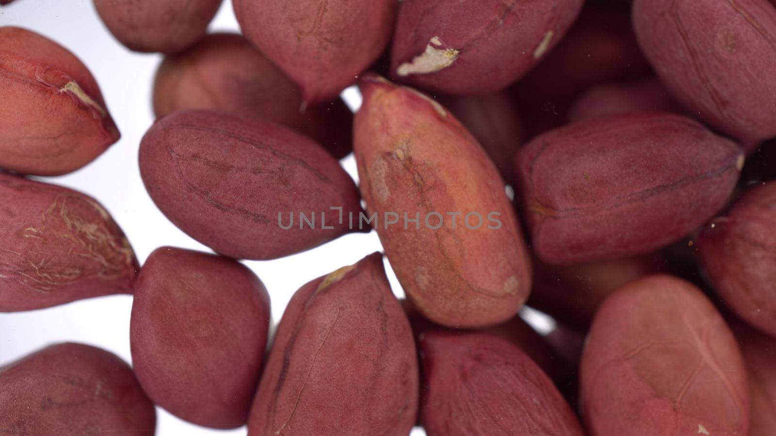 Peeled peanuts falls on a glass on a bright white background. Peanuts macro bottom view. 4k