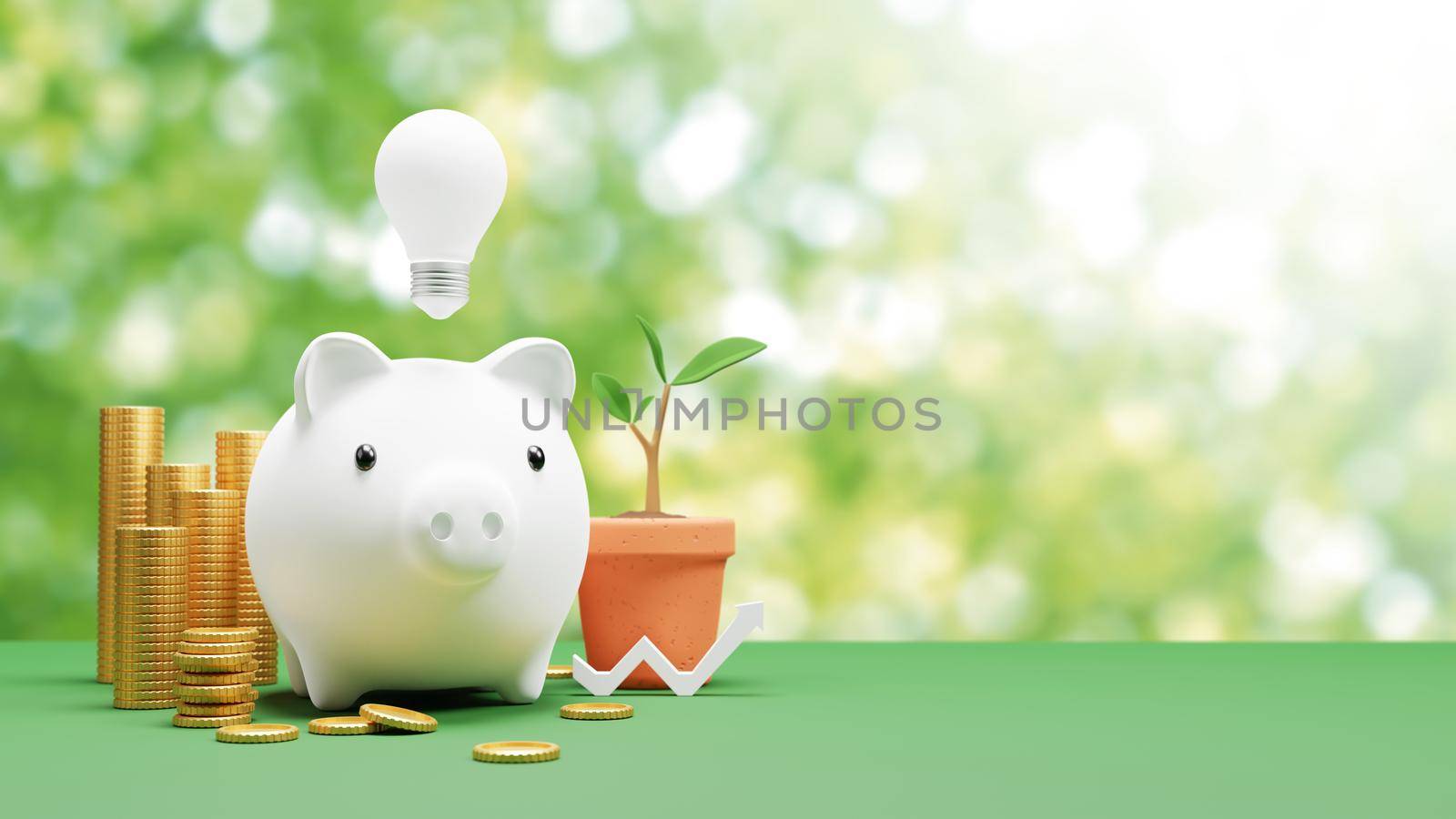 Piggy bank with light bulb and gold coin Saving concept 3D render by Myimagine