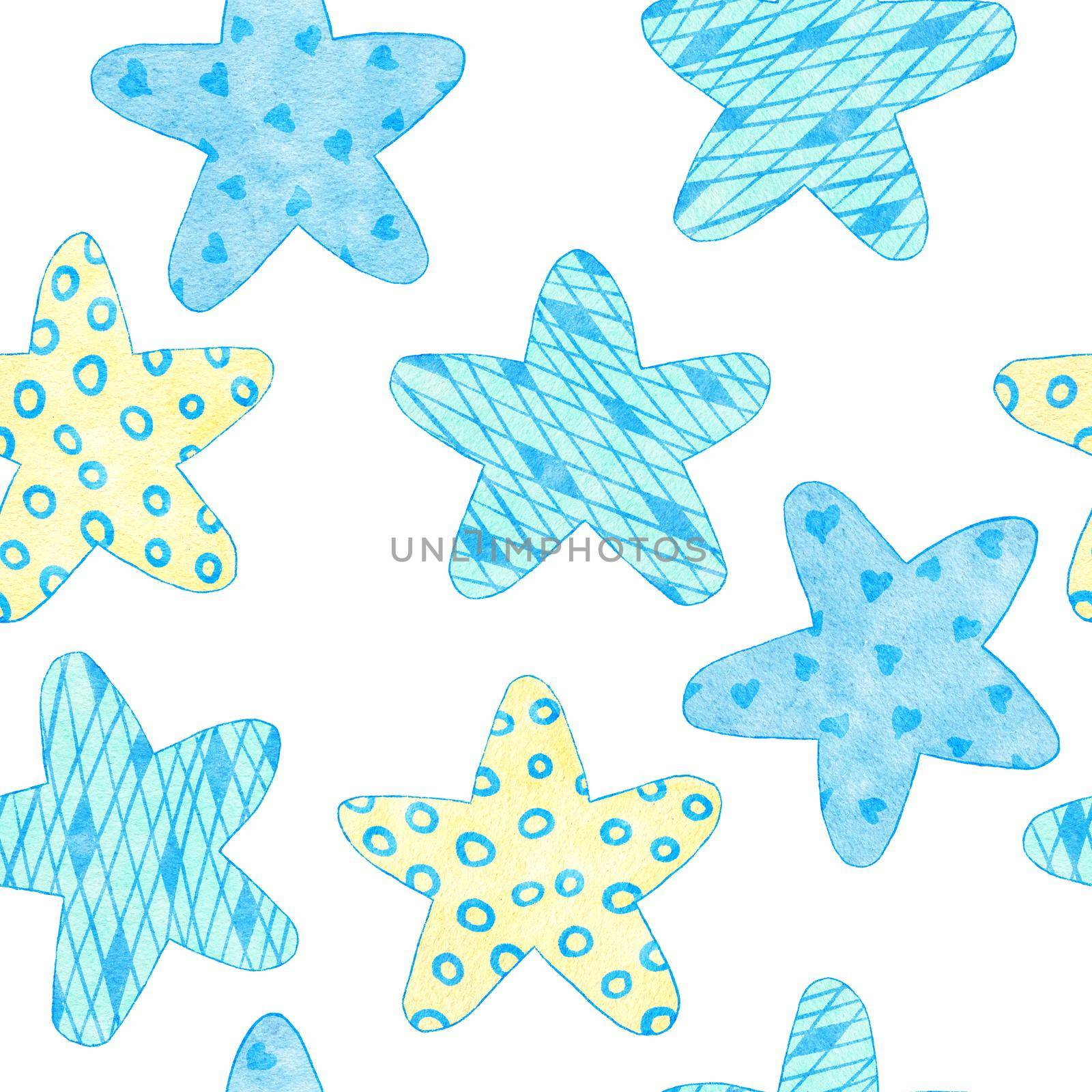 Watercolor hand drawn seamless pattern of blue boy baby shower fabric print. Pastel nursery stars rainbow balloons clouds. Cute kawaii birthday invite invitation illustration design transport car