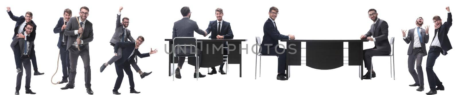 in full growth. two business people discussing something. isolated on white background