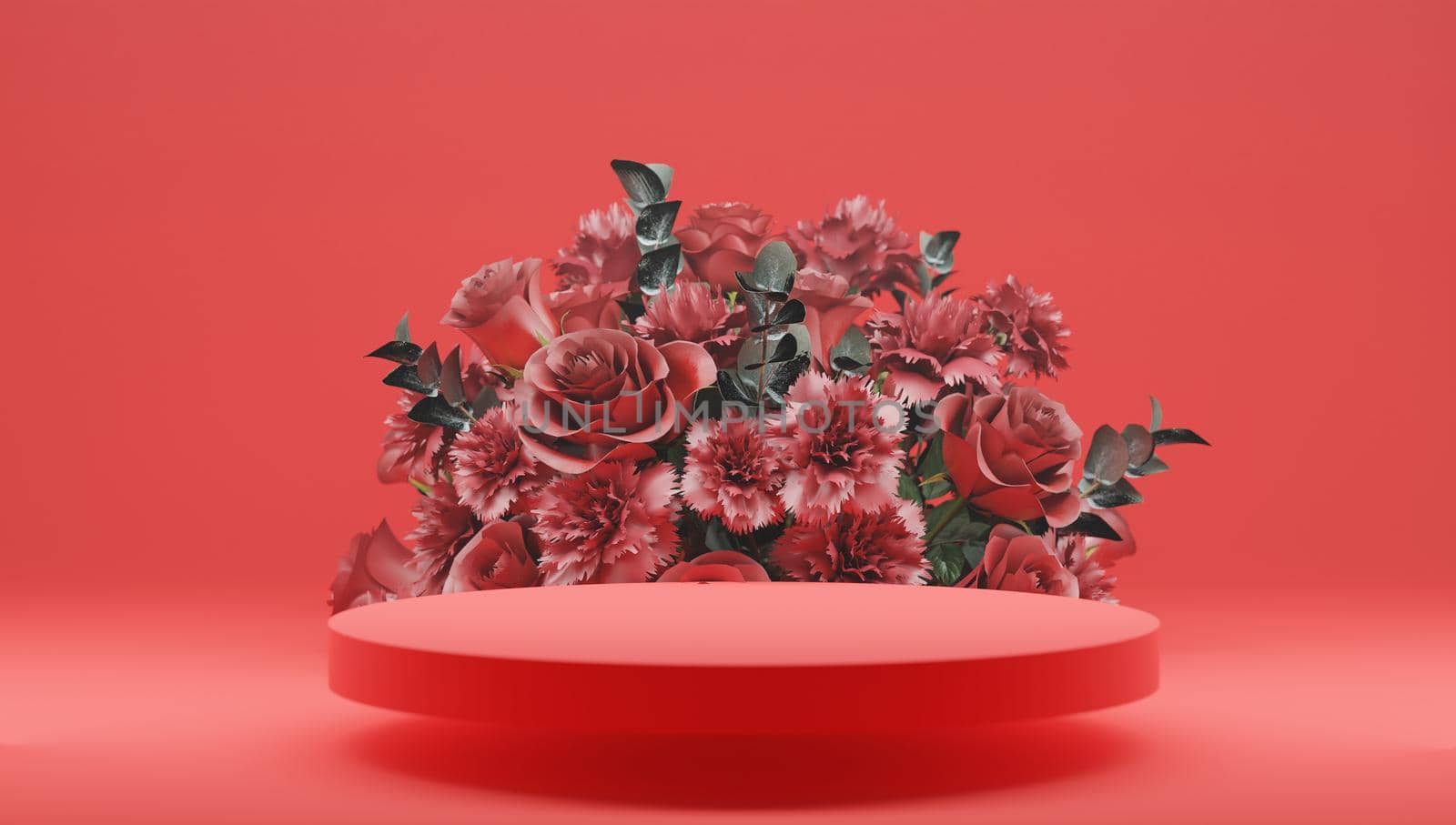 3D rendering rose flower background red color with geometric shape podium for product display, minimal concept, Premium illustration pastel floral elements, beauty, cosmetic, valentines day