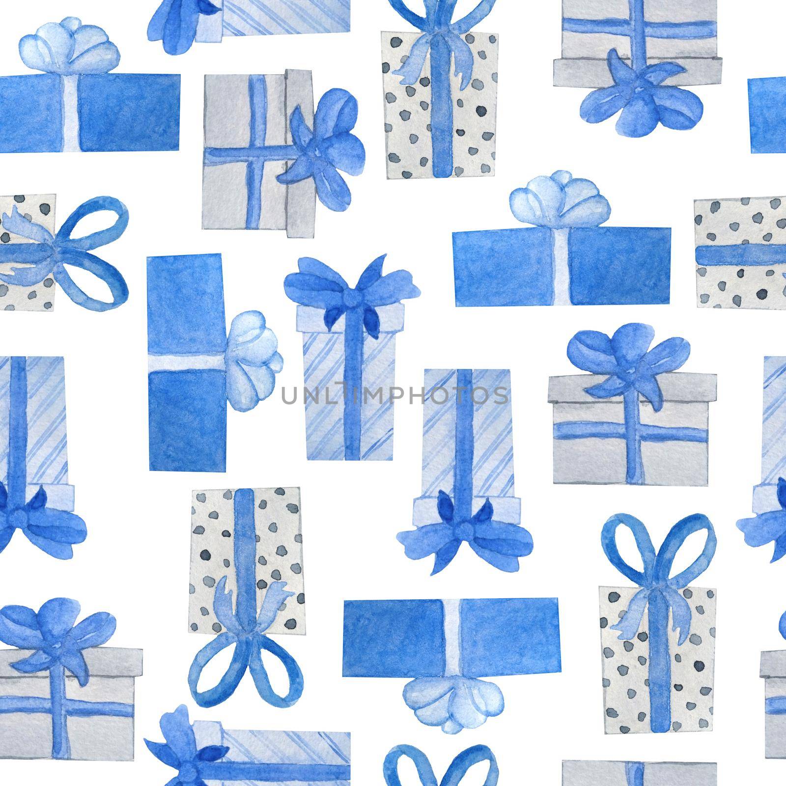 Watercolor seamless hand drawn pattern with blue grey christmas gifts in decor wrapping paper with bows. Nordic scandinavian neutral colors for new year celebration cards background. Box with shiny ribbon