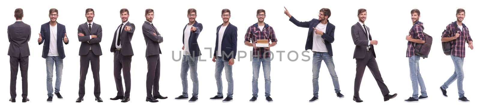 panoramic collage of self-motivated young man .isolated on white by asdf