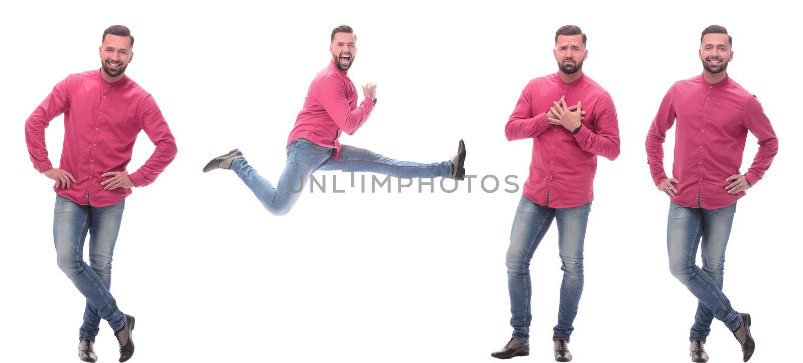 collage of photos of a fashionable man in jeans. isolated on a white background