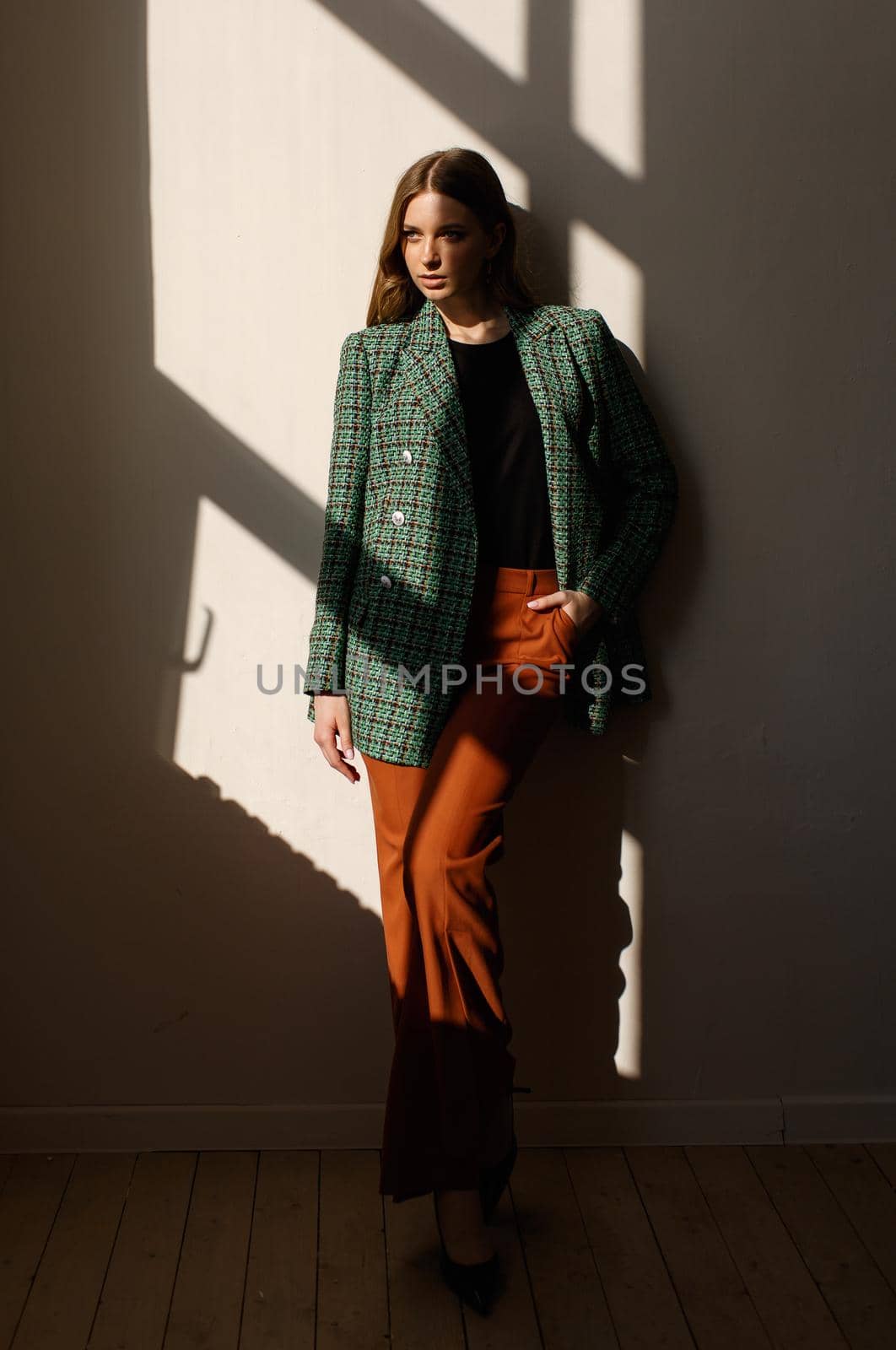 A model girl standing in the rays of the sun. the girl in the reflection of light from the window.