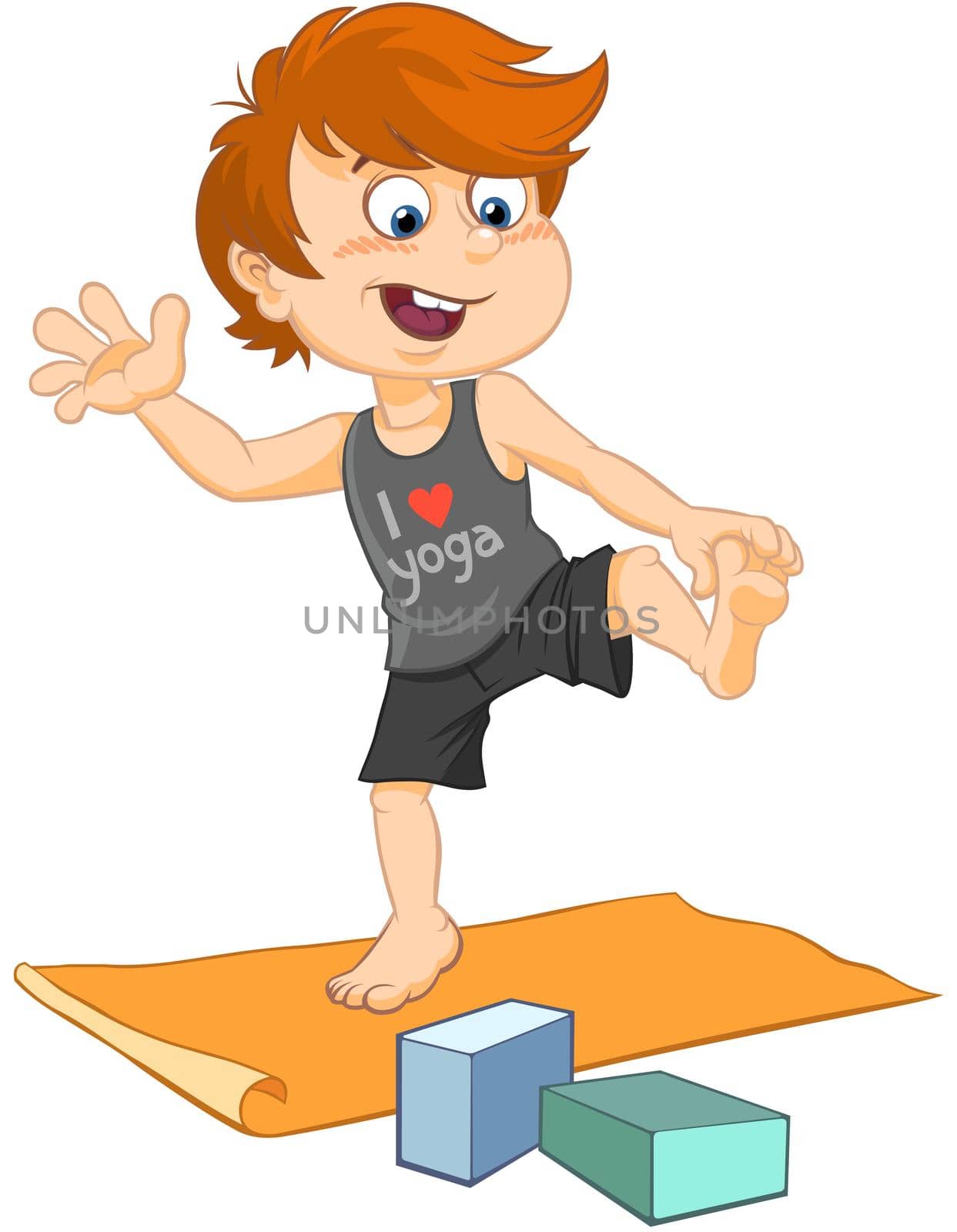 Color illustration of a cartoon  teen boy doing yoga exercise on the mat.