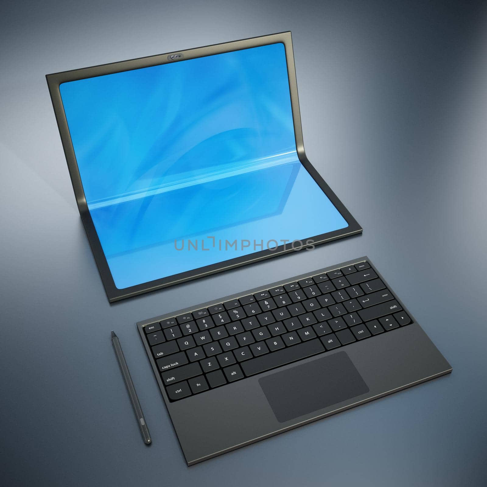 Futuristic laptop computer with foldable screen and pen. 3D illustration by Simsek