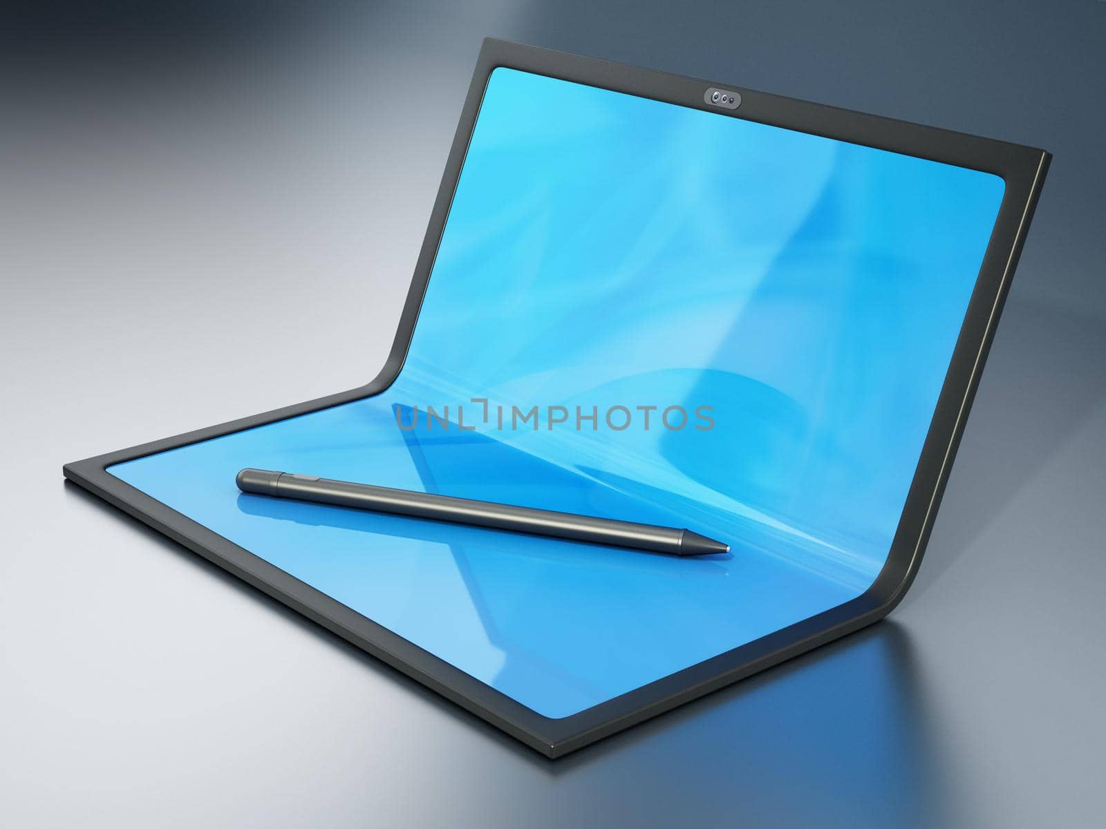 Tablet computer with foldable screen and pen. 3D illustration by Simsek