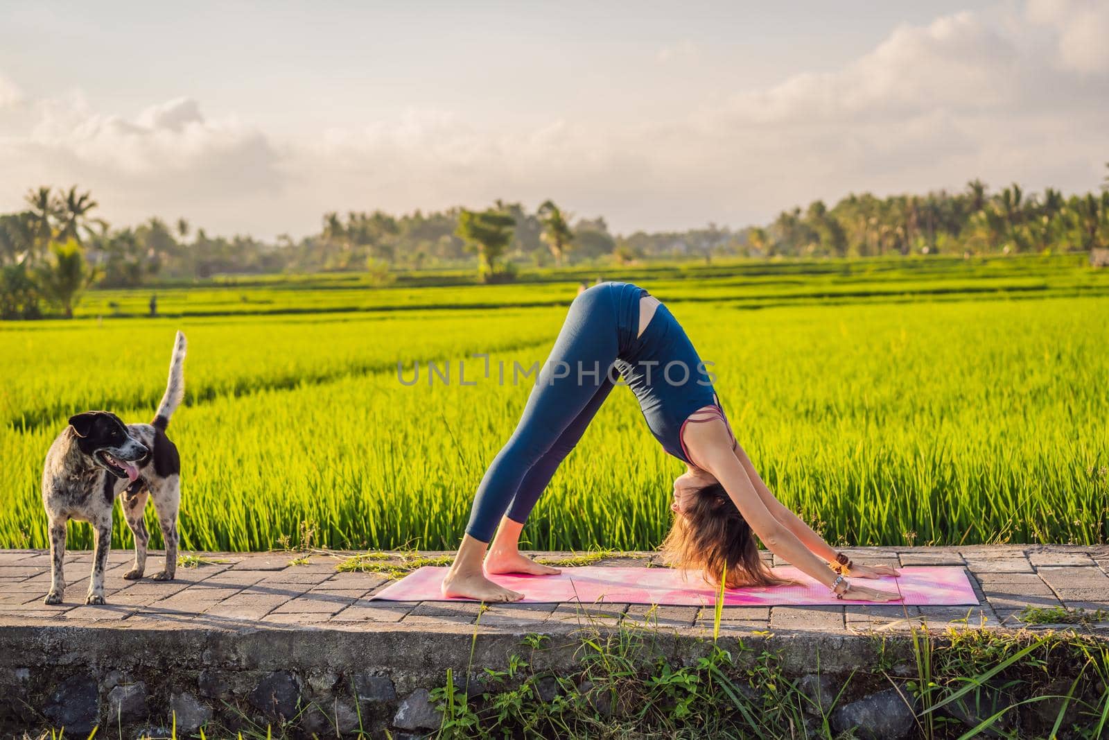 Young woman practice yoga outdoor in rice fields in the morning during wellness retreat in Bali.