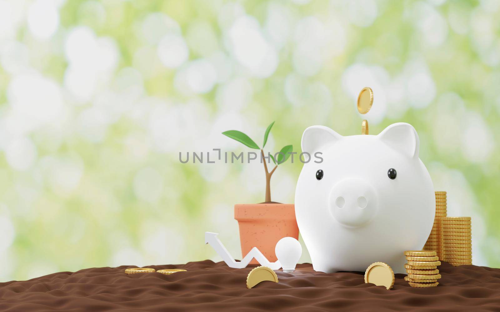 Piggy bank with gold coin on the ground Saving concept 3D render by Myimagine