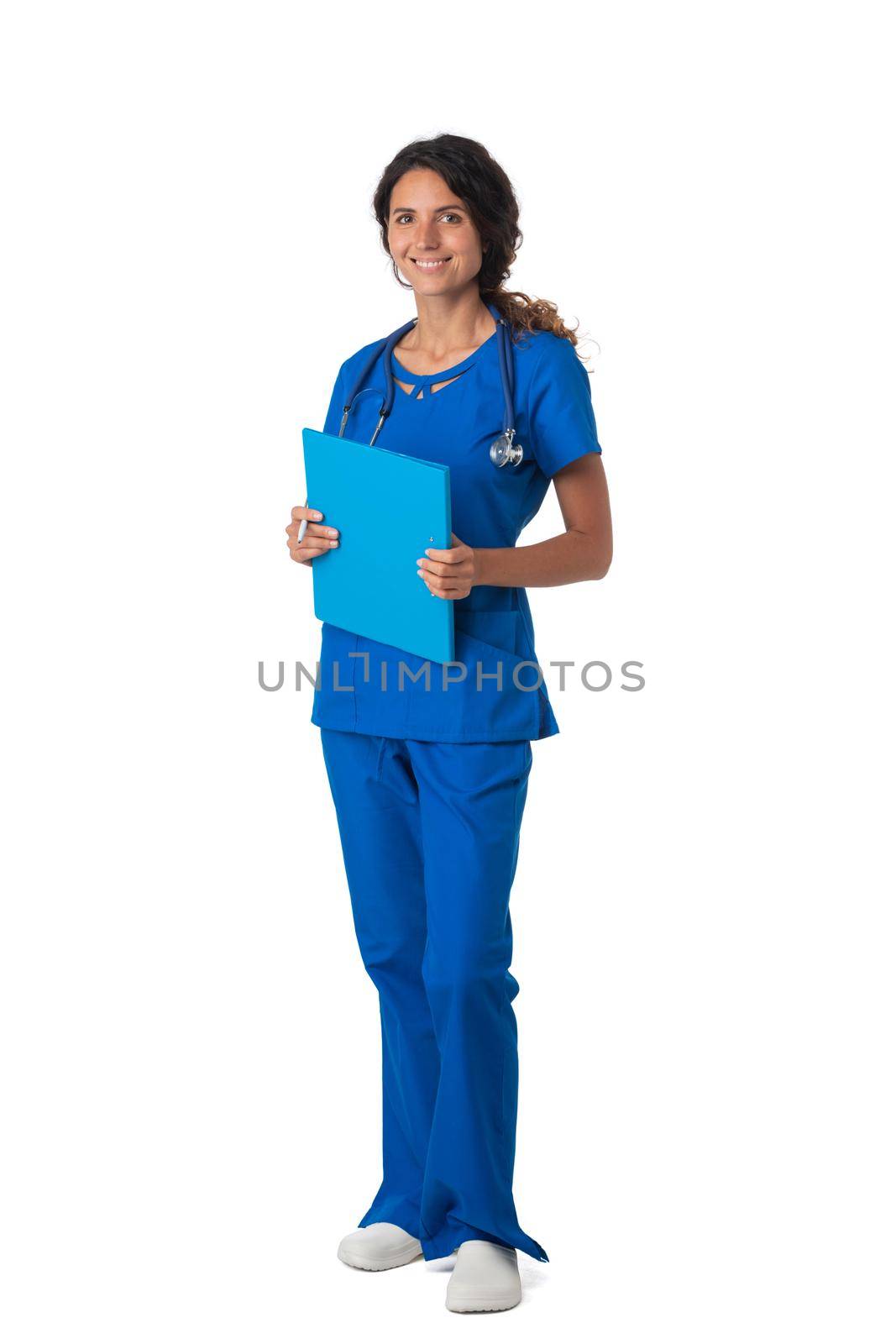 Young woman brunette in blue medical suit with stethoscope stand with folder in hands. isolated white background