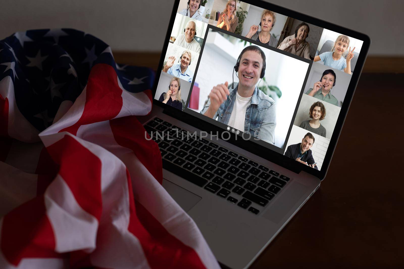 laptop with video chat, flag of the usa by Andelov13