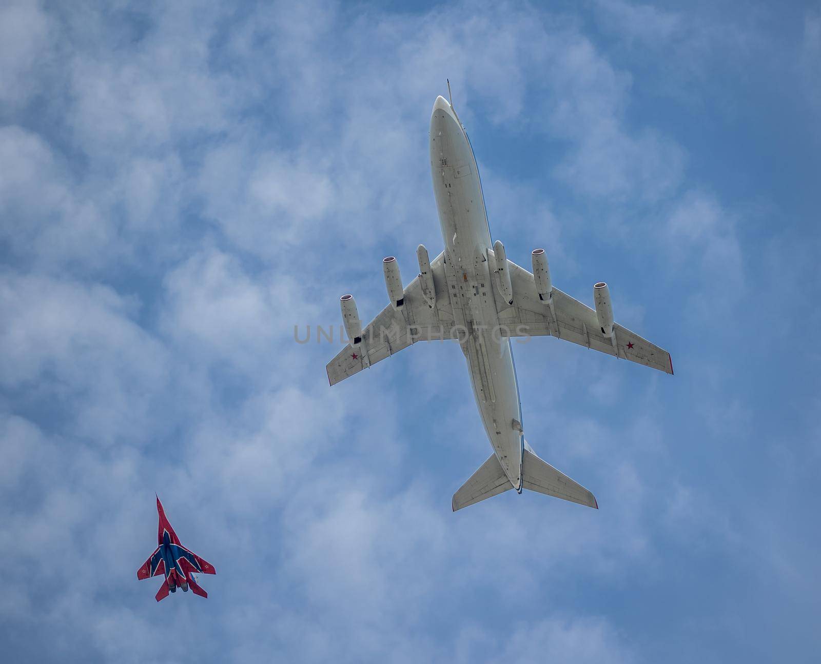 Moscow Russia - may 07 2022: Repetition of the air parade with Russian military aircraft for Victory Day on May 9.