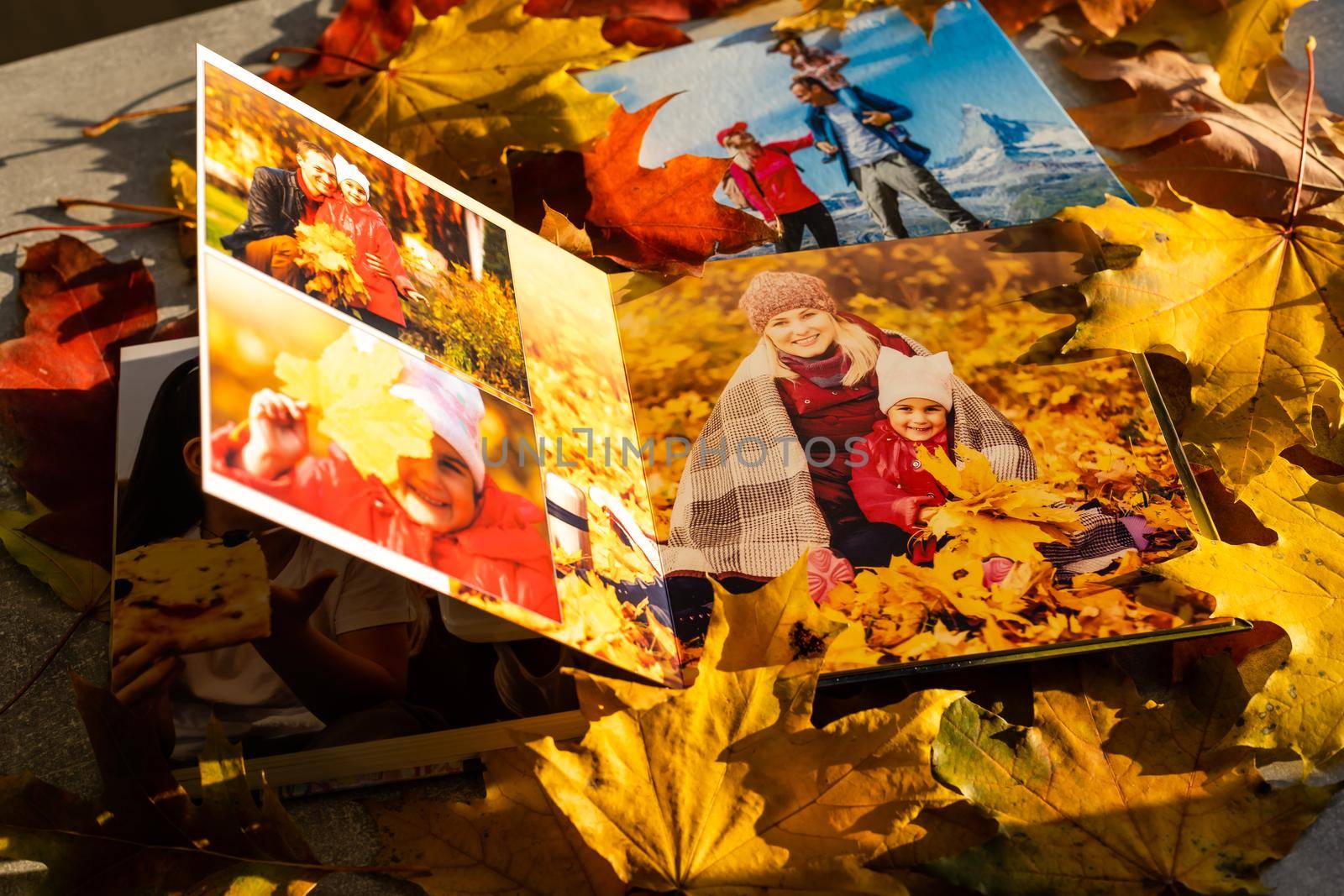 Photobook on the leaves background, closeup of photobook, family photo album