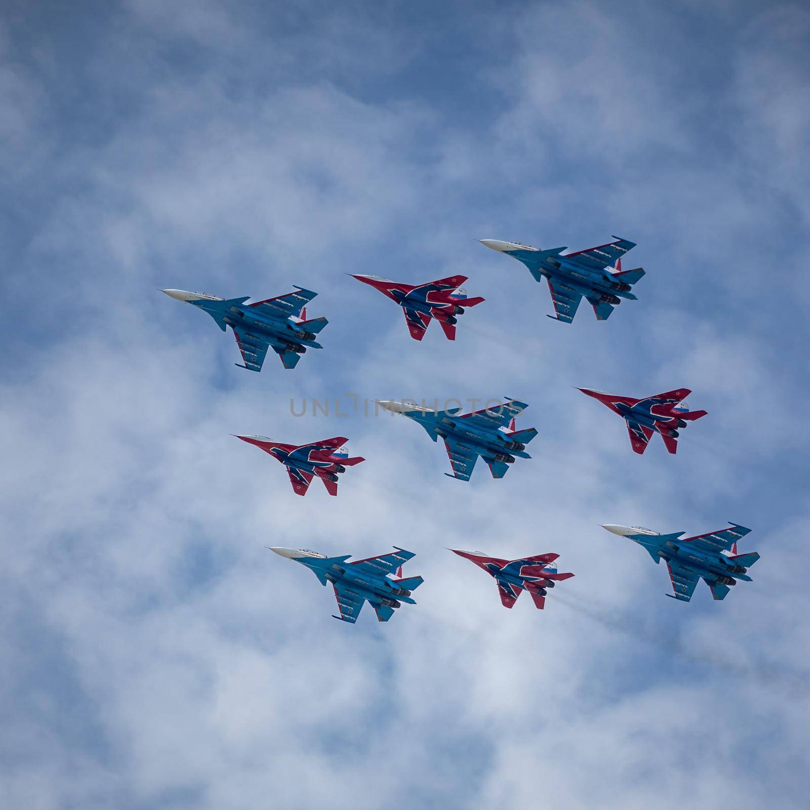 Moscow Russia - may 07 2022: Repetition of the air parade with Russian military aircraft for Victory Day on May 9.