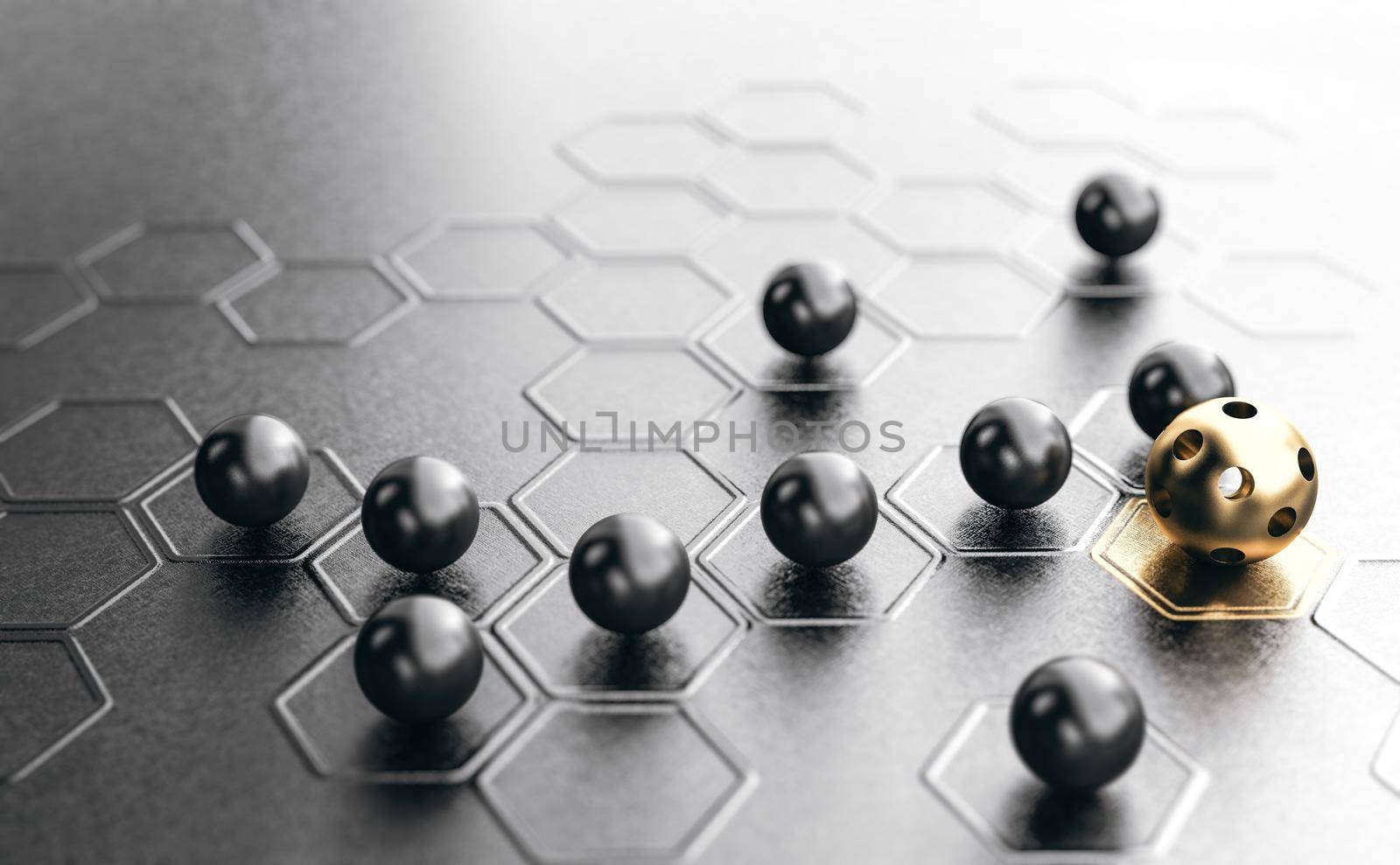 Many spheres and a different one with golden color and holes over black background. Concept of brand differentiation strategy. 3D illustration.