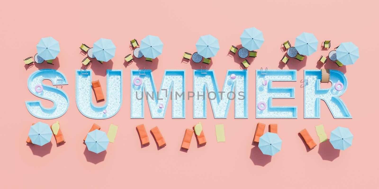 3d rendering of the word SUMMER in the shape of a swimming pool with sunbeds, chairs and umbrellas around it