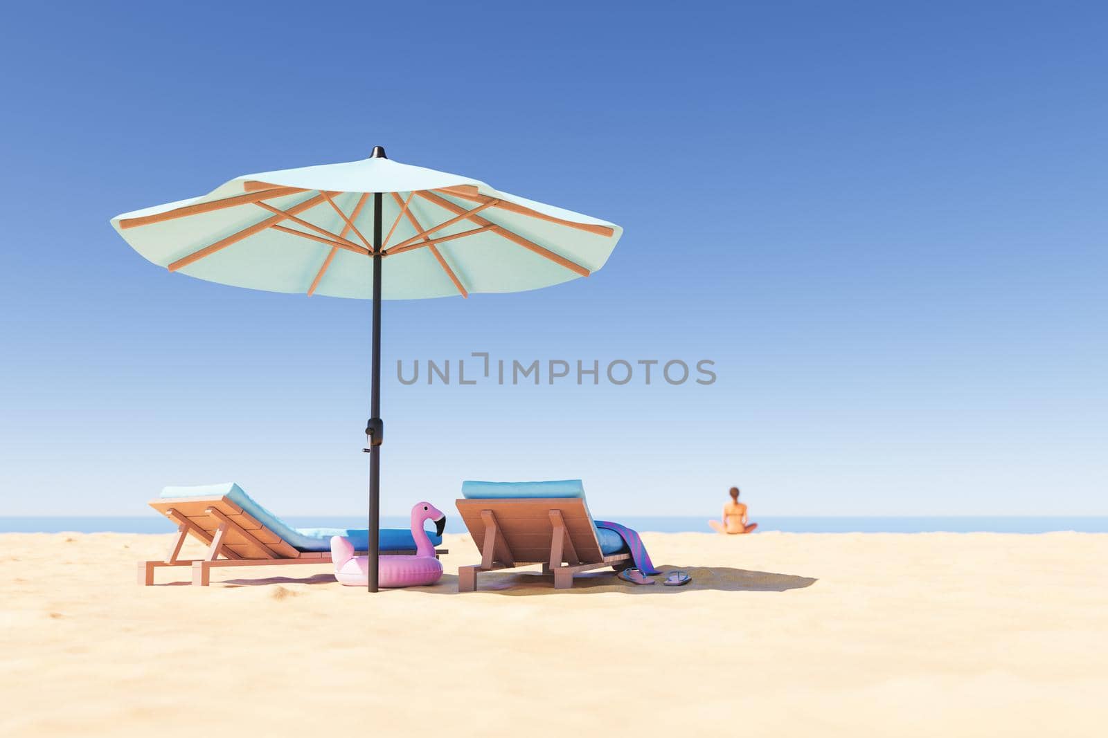 Loungers and parasol on sandy beach by asolano