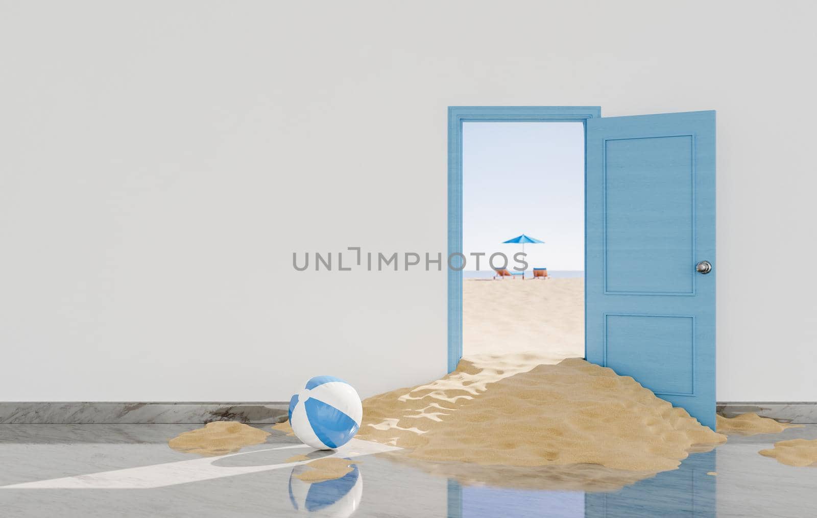 3D illustration of ball and sand spreading through opened blue door from beach located behind gray wall during summer vacation