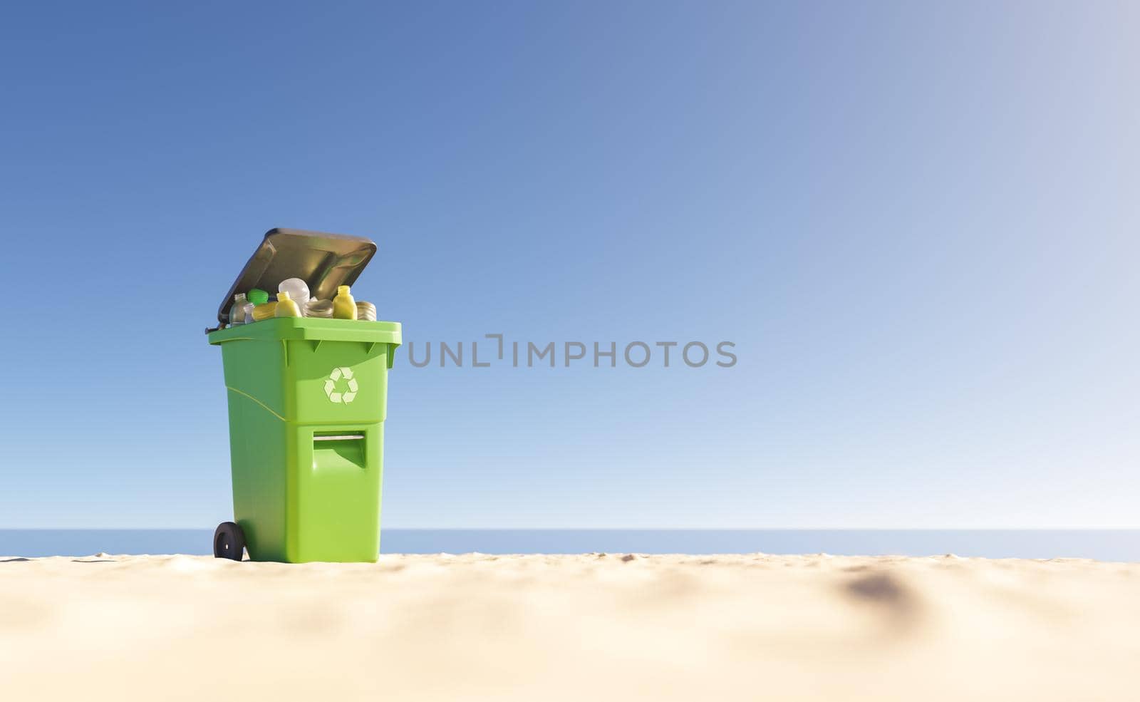 3D illustration of green bin for recyclable plastic litter located on sandy beach against sea and cloudless blue sky
