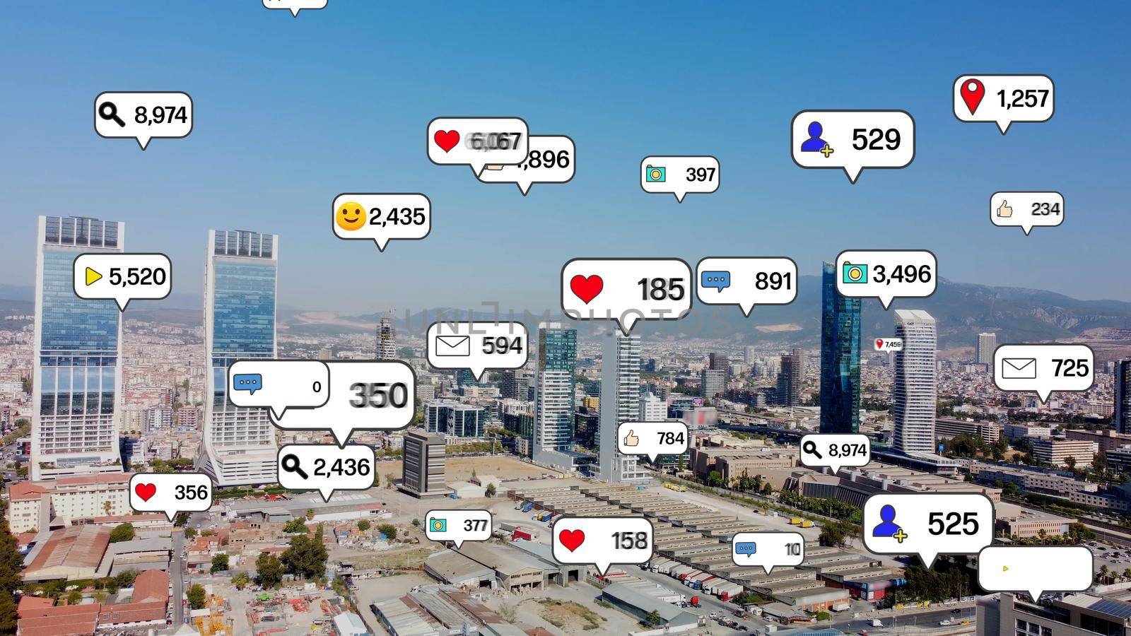 Social media icons fly over city downtown showing people engagement connection through social network application platform . Concept for online community and social media marketing strategy . High quality photo