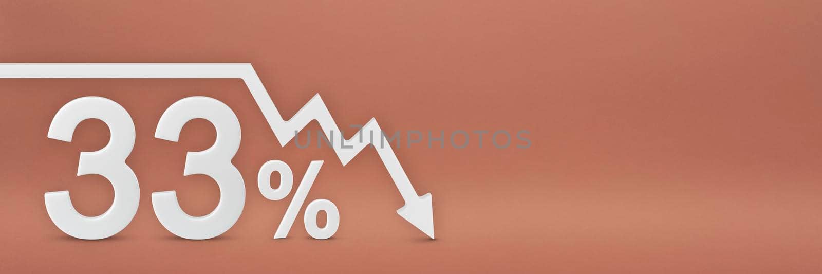 thirty-three percent, the arrow on the graph is pointing down. Stock market crash, bear market, inflation.Economic collapse, collapse of stocks.3d banner,33 percent discount sign on a red background. by SERSOL