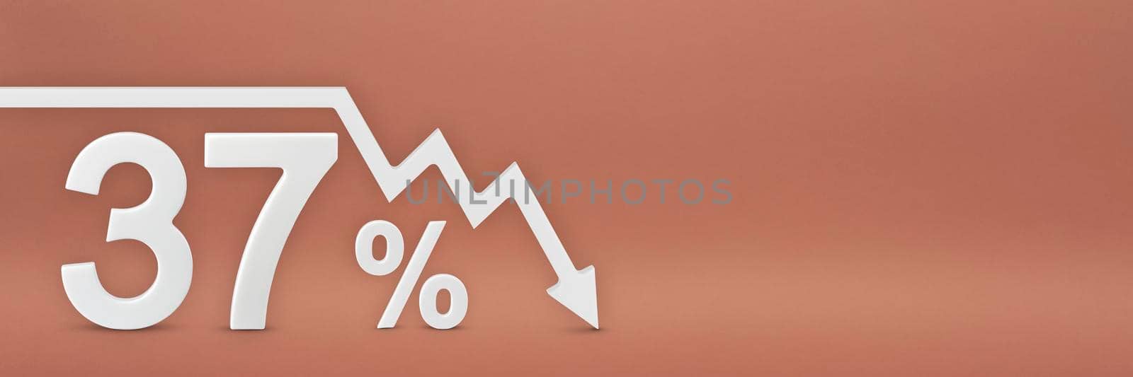 thirty-seven percent, the arrow on the graph is pointing down. Stock market crash, bear market, inflation.Economic collapse, collapse of stocks.3d banner,37 percent discount sign on a red background