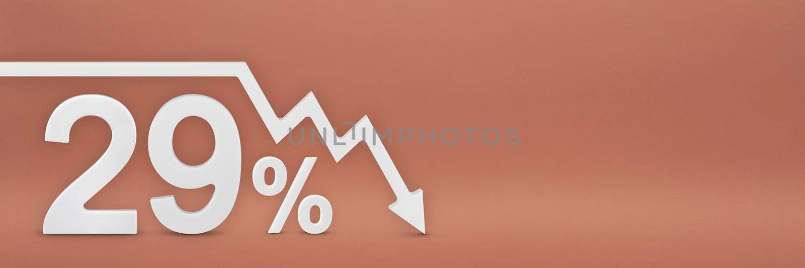 twenty-nine percent, the arrow on the graph is pointing down. Stock market crash, bear market, inflation.Economic collapse, collapse of stocks.3d banner,29 percent discount sign on a red background