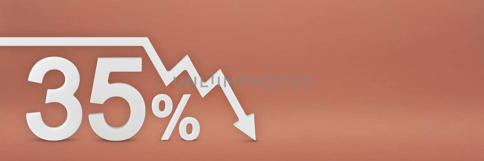 thirty-five percent, the arrow on the graph is pointing down. Stock market crash, bear market, inflation.Economic collapse, collapse of stocks.3d banner,35 percent discount sign on a red background. by SERSOL