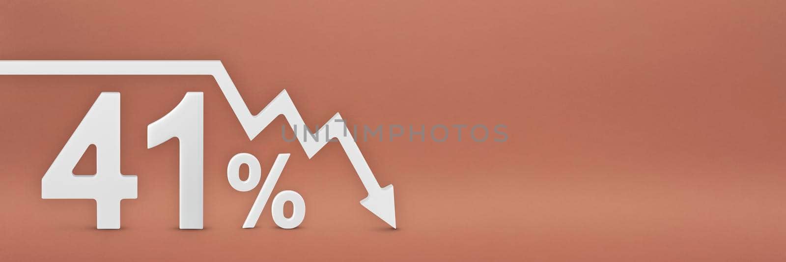 forty-one percent, the arrow on the graph is pointing down. Stock market crash, bear market, inflation.Economic collapse, collapse of stocks.3d banner,41 percent discount sign on a red background