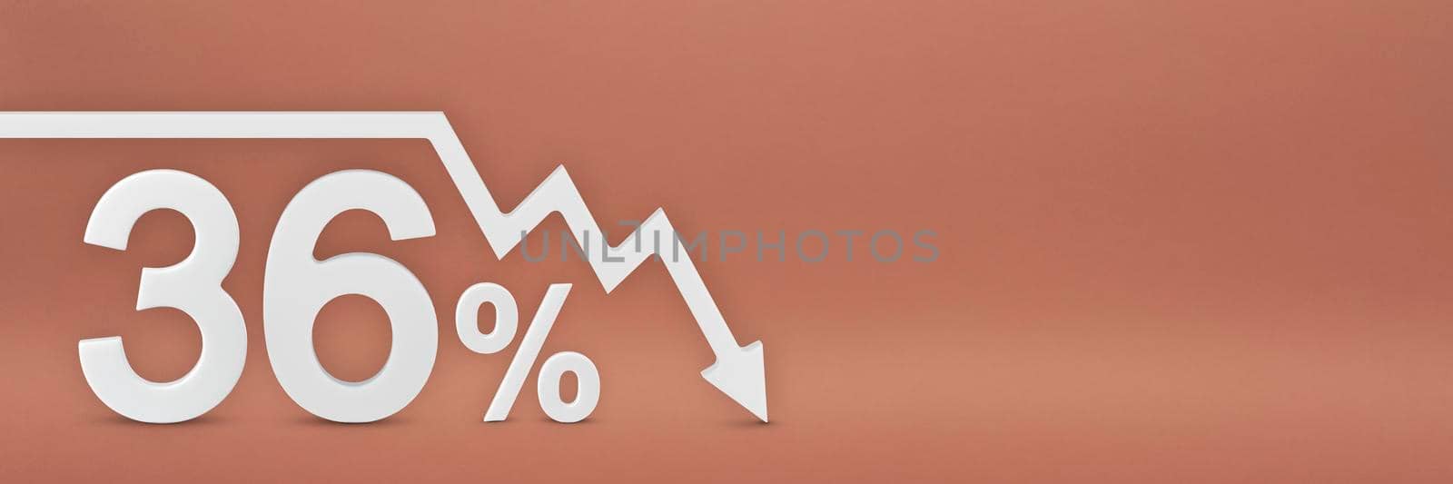 thirty-six percent, the arrow on the graph is pointing down. Stock market crash, bear market, inflation.Economic collapse, collapse of stocks.3d banner,36 percent discount sign on a red background. by SERSOL