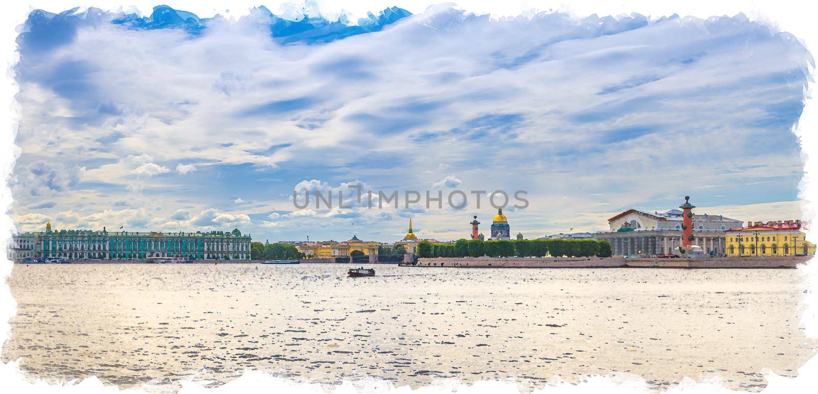 Watercolor drawing of Panorama of Saint Petersburg with Winter Palace, State Hermitage Museum, Palace Bridge across Neva river by Aliaksandr_Antanovich