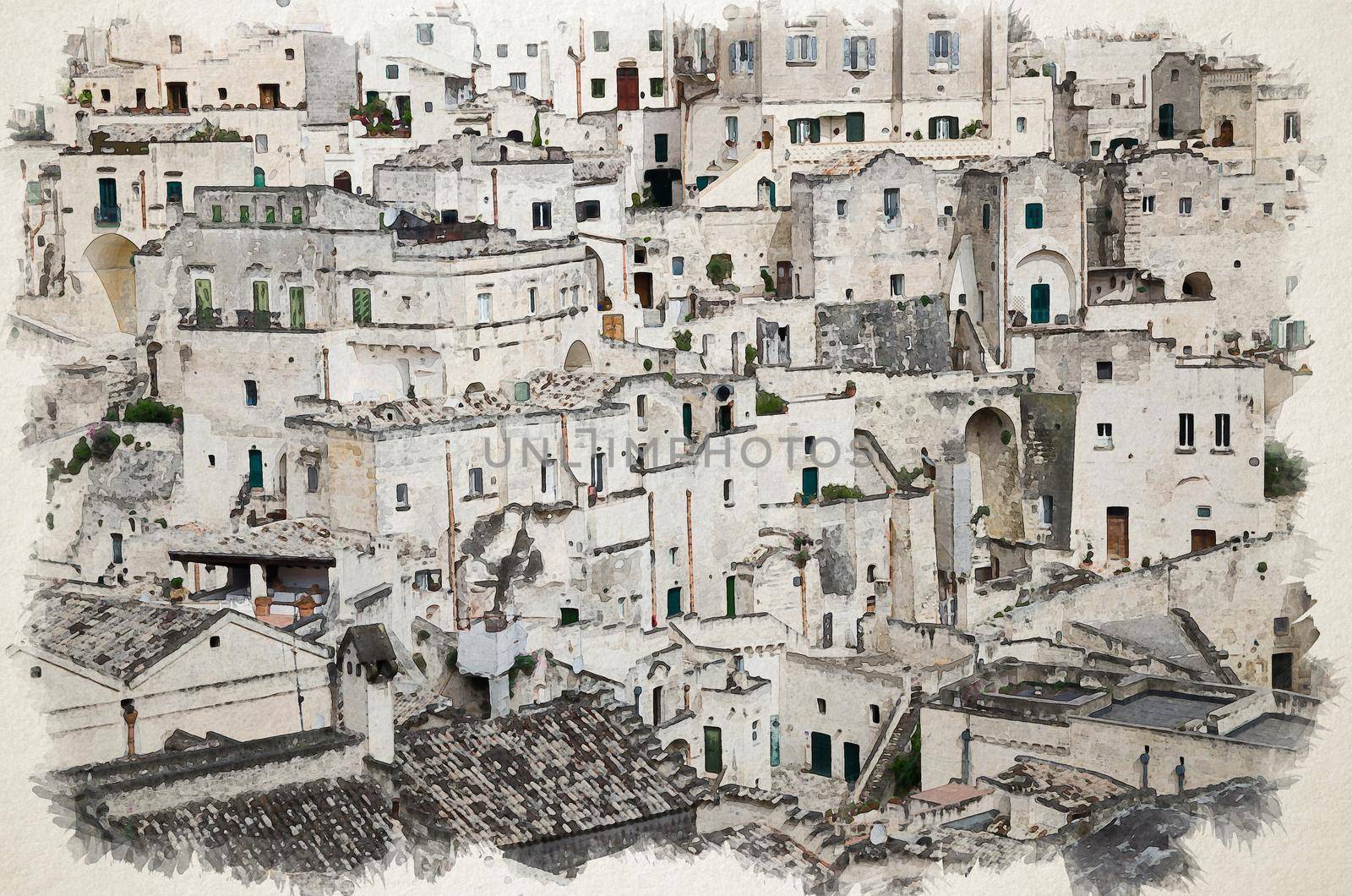 Watercolor drawing of Matera white stone houses of historical centre Sasso Barisano of old ancient town Sassi di Matera, European Capital of Culture, UNESCO World Heritage Site, Basilicata, Italy