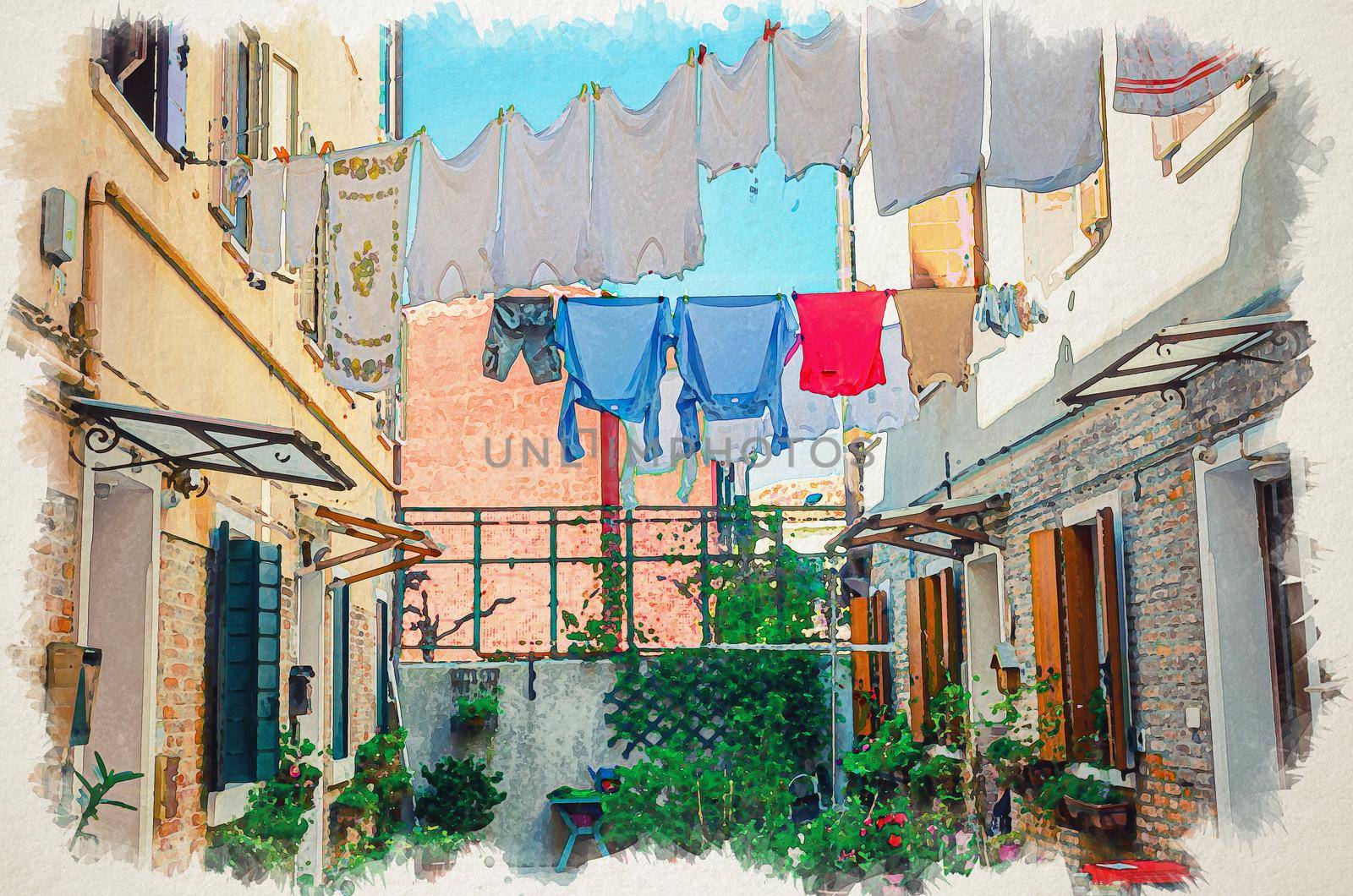 Watercolor drawing of Typical italian courtyard between buildings with brick walls, green plants and flowers in flowerpot, wet clothes hanging on cord, Murano islands, Veneto Region, Northern Italy