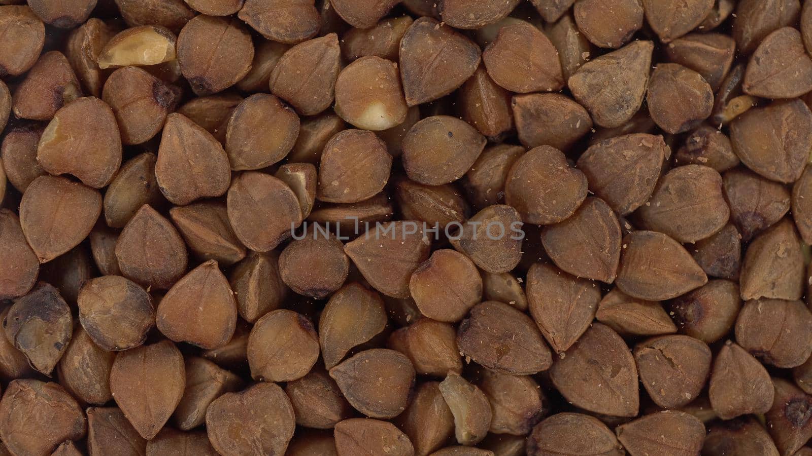 Buckwheat falls on the glass on a bright white background. Macro bottom view of buckwheat. 4k