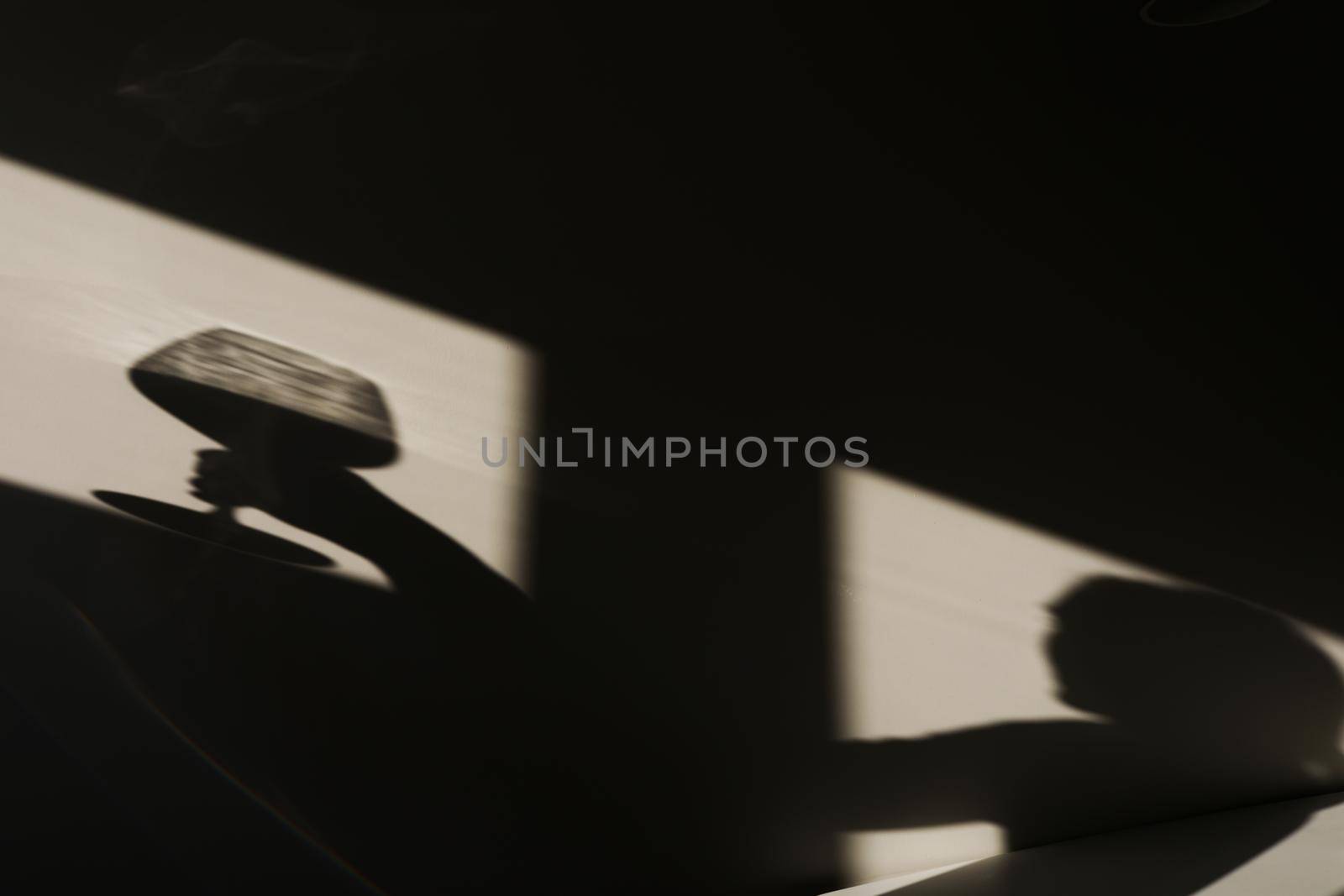 Shadow on the wall of a female sommelier with a glass of wine. Chiaroscuro from the window. Copy space.