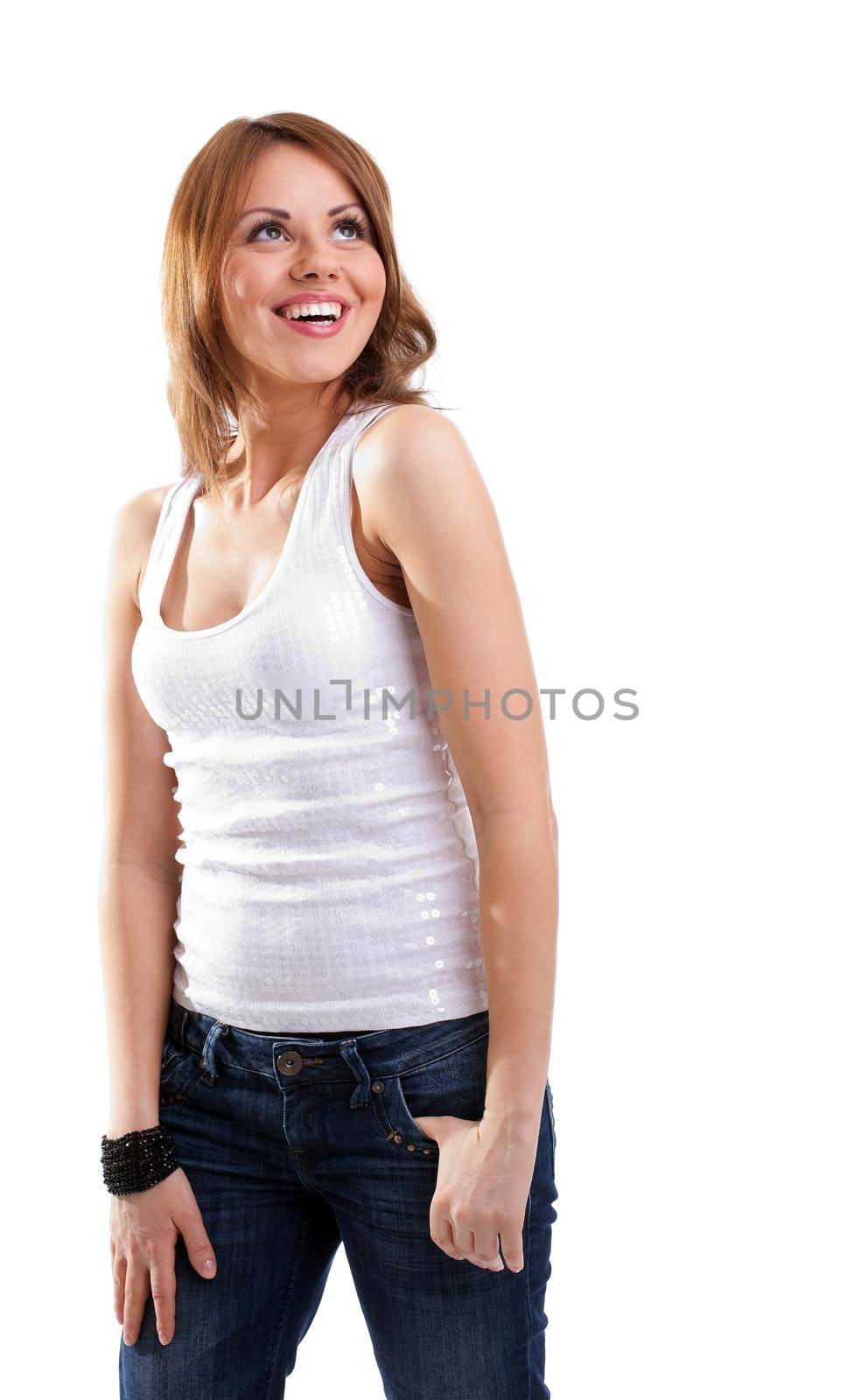 happy woman in t-shirt smile by rivertime