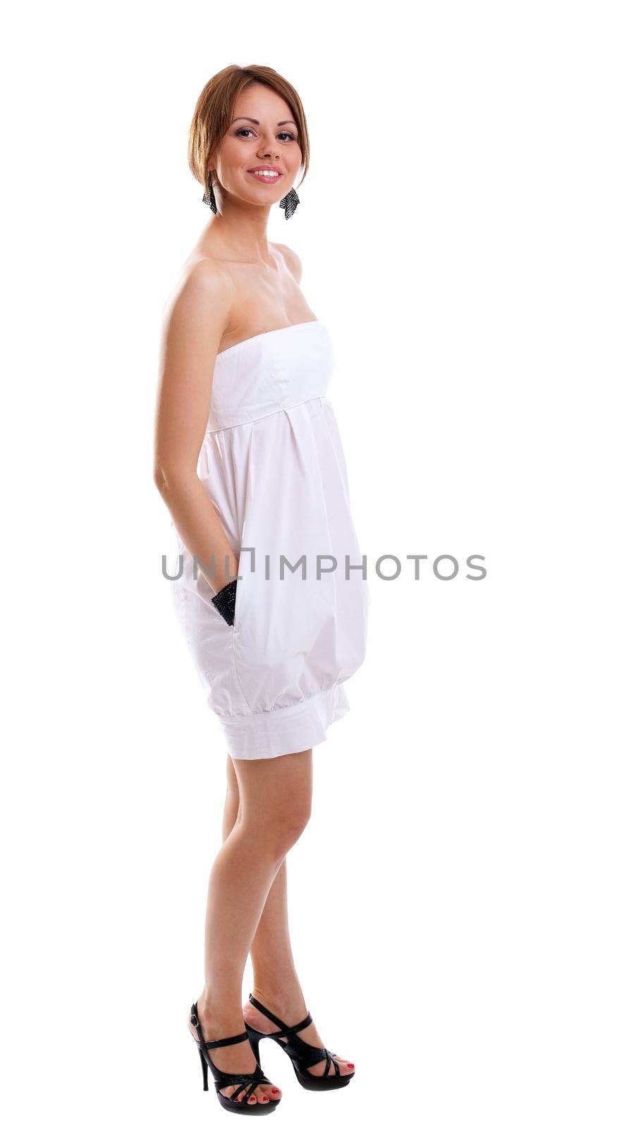 Beauty woman in white cloth smile isolated