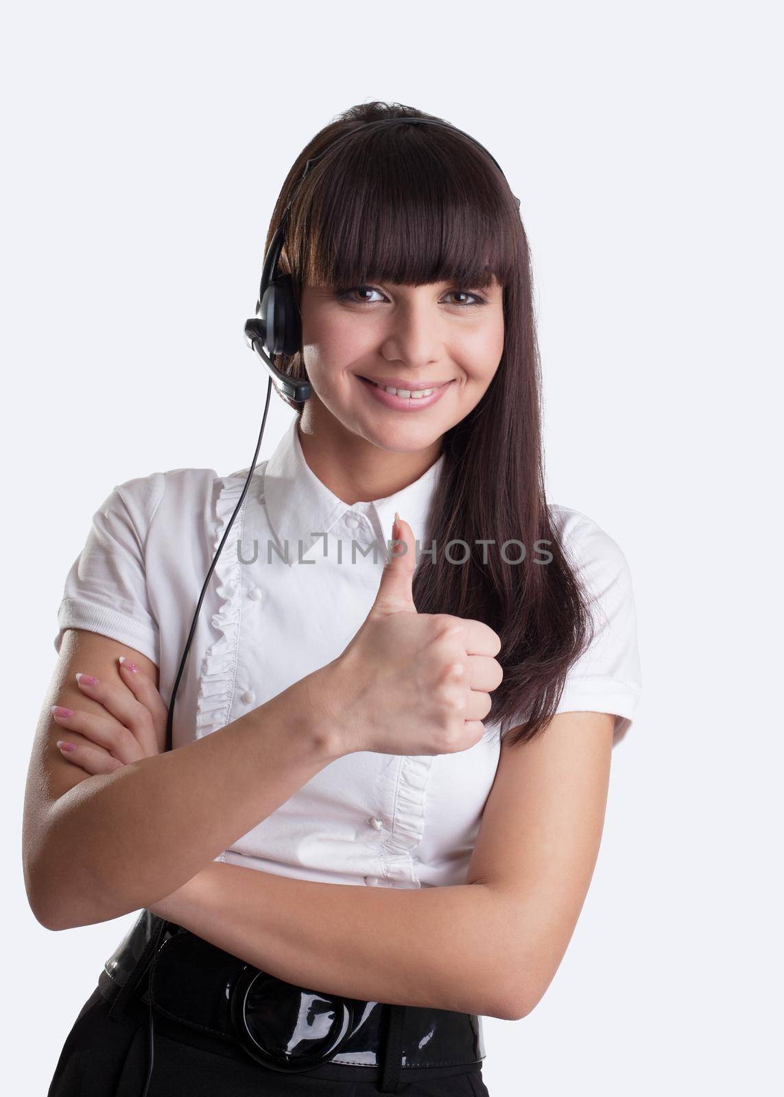 Beauty smile girl with headset thumbs up isolated