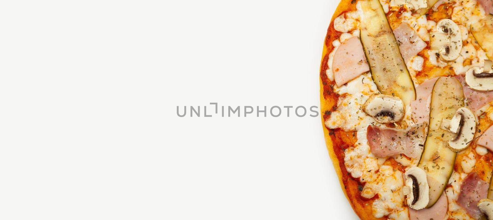 Delicious Meat pizza served on a wooden plate, ingredients Signature sauce, mozzarella cheese, ham, bacon, pickled cucumber, mushrooms on white. Pizzeria promotion poster.