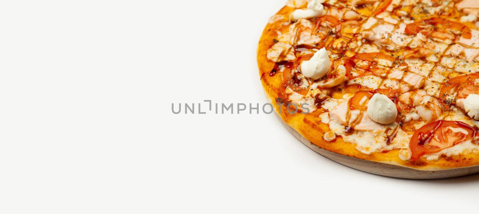 Delicious Philadelphia pizza served on a wooden plate, ingredients Signature sauce, mozzarella cheese, salmon, shrimps, tomatoes, Teriyaki sauce Philadelphia cheese on white. Pizzeria promotion poster