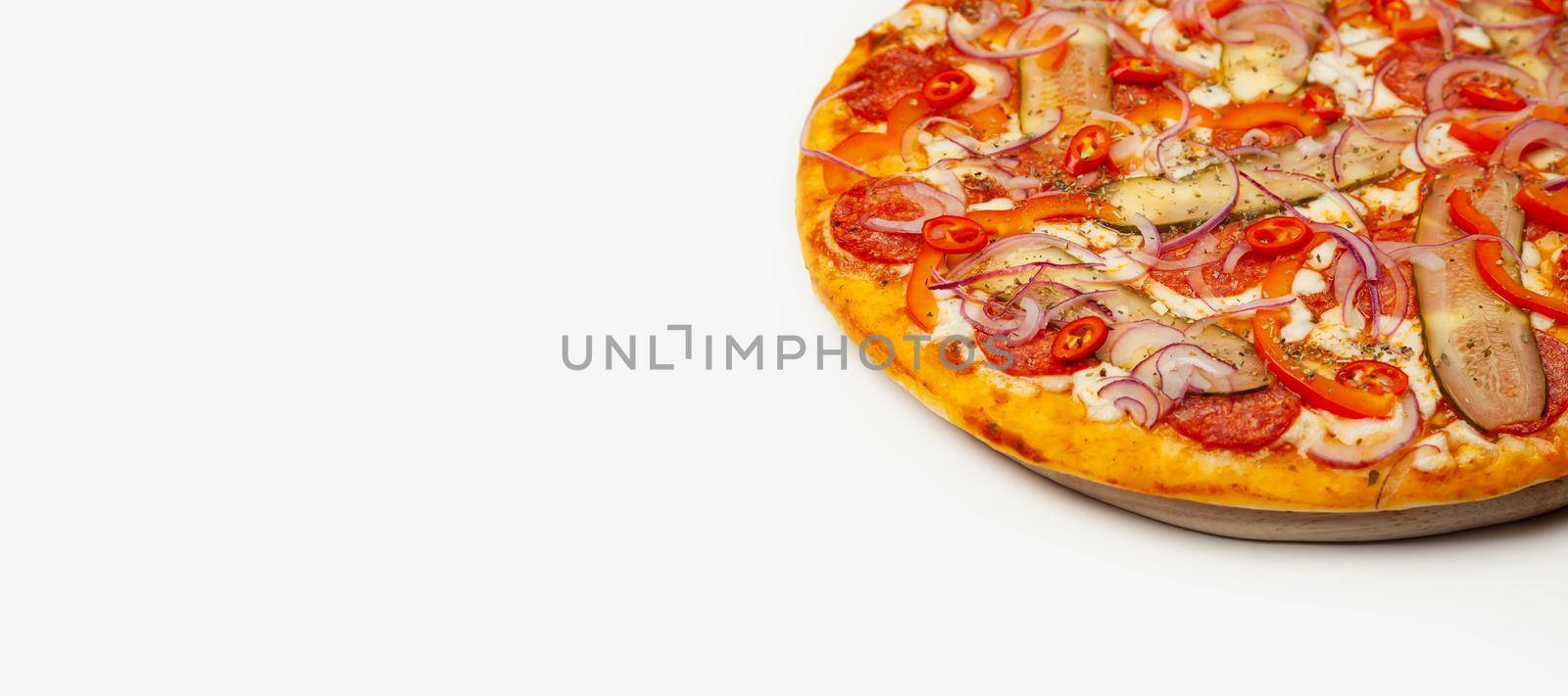 Tasty pizza Spicy pepper served on a wooden plate, ingredients Signature sauce, mozzarella cheese, pepperoni, pickled cucumber, Bulgarian pepper, red onion, chili pepper. Pizzeria promotion poster.
