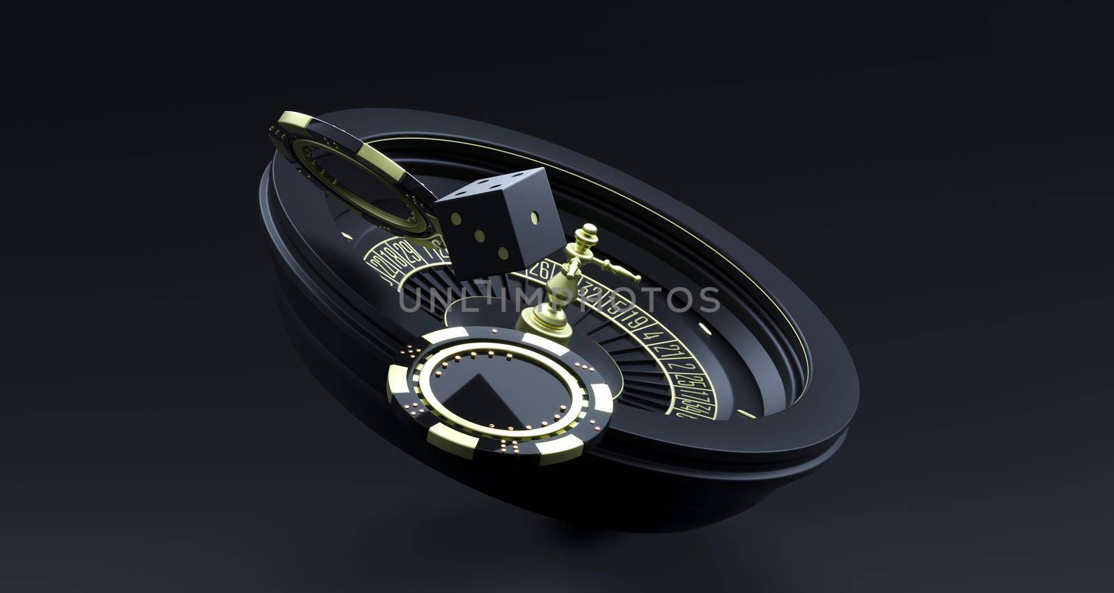 Casino background. Luxury Casino roulette wheel on black background. Online casino theme. Close-up white casino roulette with a chips and dice. Poker game table. 3d rendering illustration