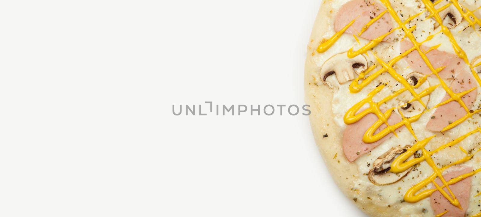 Delicious pizza Ham mushrooms served on a wooden plate, ingredients Signature sauce, mozzarella cheese, ham, mushrooms, mustard sauce on white. Pizzeria promotion poster.