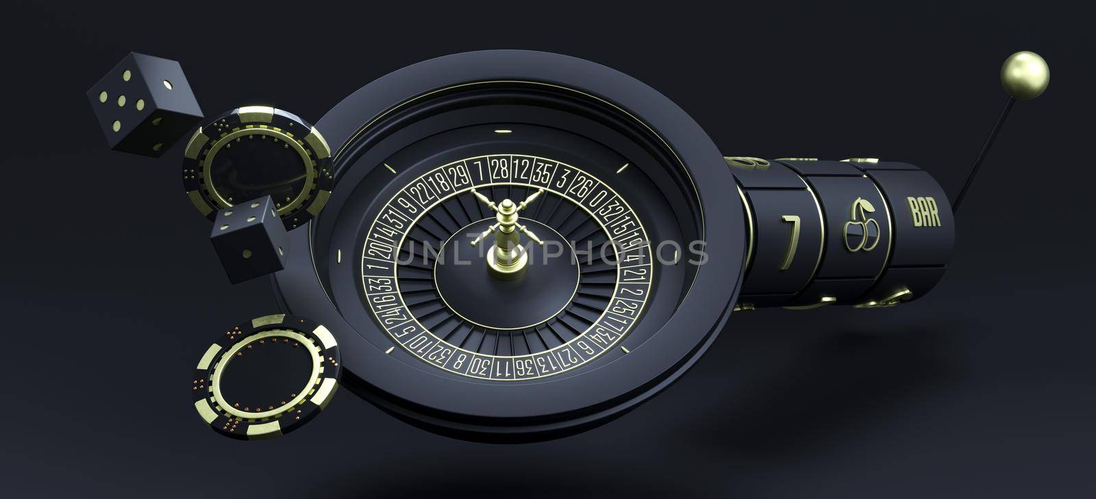 Luxury casino roulette wheel on black background. Online casino theme. Close-up white casino roulette with slot machine, chips and dice. Poker game table. Modern casino background 3d rendering