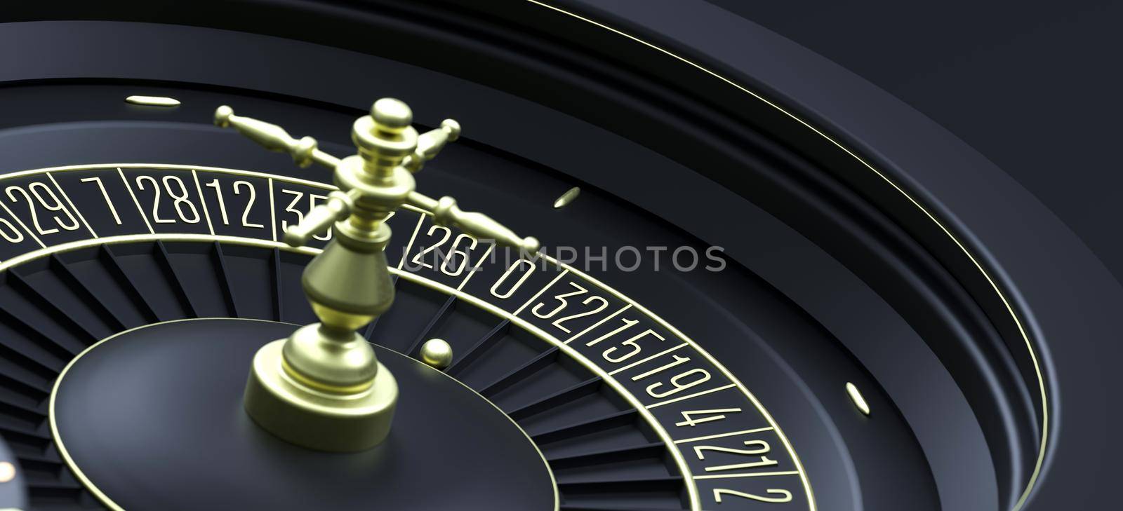Luxury casino roulette wheel. Online casino theme. Close-up black casino roulette with ball on zero. Poker game table. Modern casino background 3d rendering. by Dvorak