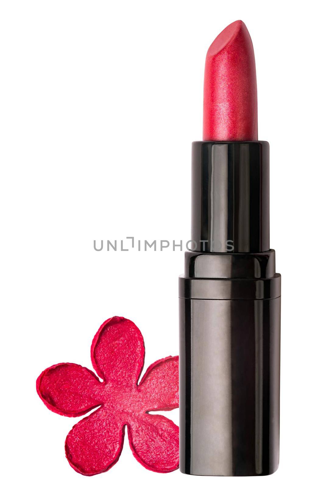 Red glossy lipstick with a creative lipstick sample shape as a tiny flower isolated on a white background.